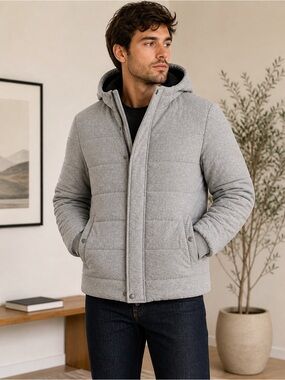 Zara Man Grey Hooded Puffer Jacket Size L Removable Hood Quilted Coat